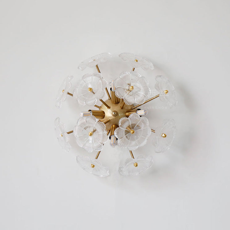 Contemporary Clear Glass Flower Wall Sconce With 4 Gold-Finished Heads