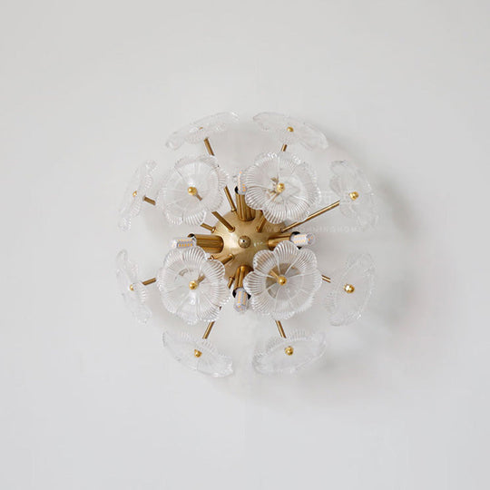 Contemporary Clear Glass Flower Wall Sconce With 4 Gold-Finished Heads