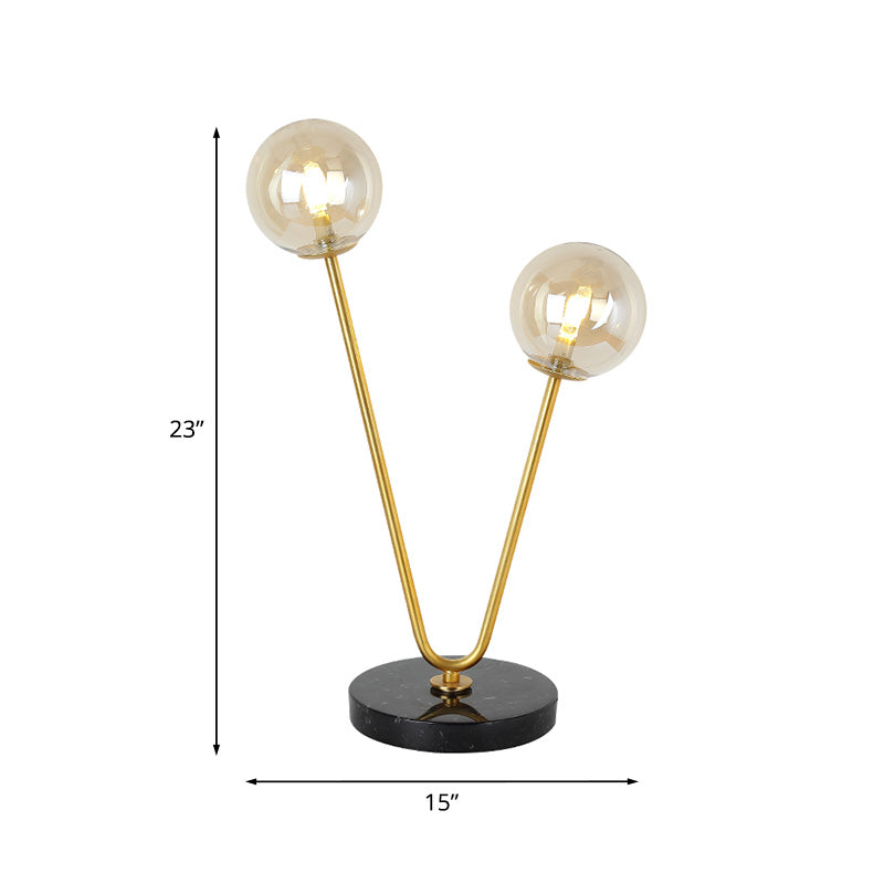 Post-Modern Black And Gold Bedroom Table Lamp With Amber Glass Shades (Set Of 2)