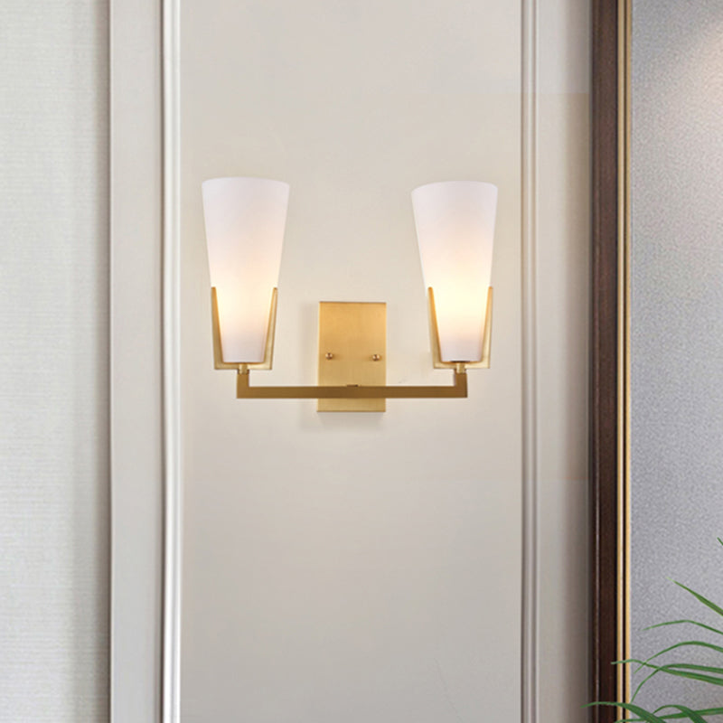 Modern Brass Cone Wall Sconce With White Glass Shade - Bedside Lighting Fixture 2 Bulbs