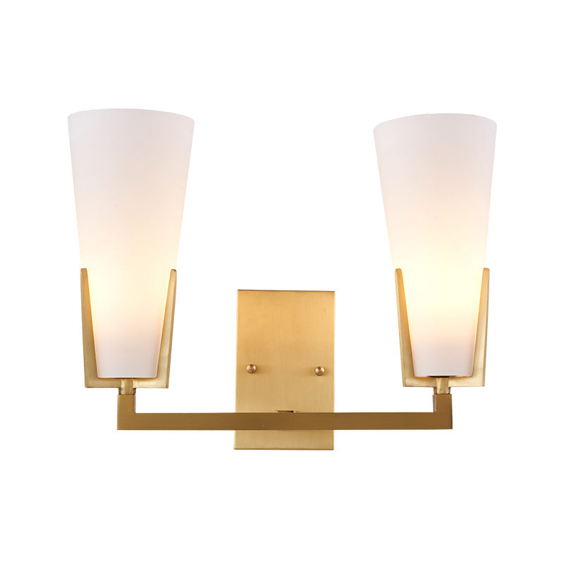 Modern Brass Cone Wall Sconce With White Glass Shade - Bedside Lighting Fixture 2 Bulbs