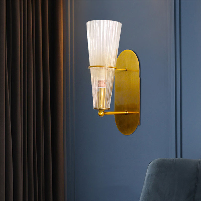 Modern Gold Cone Wall Sconce With Ribbed Glass Shade