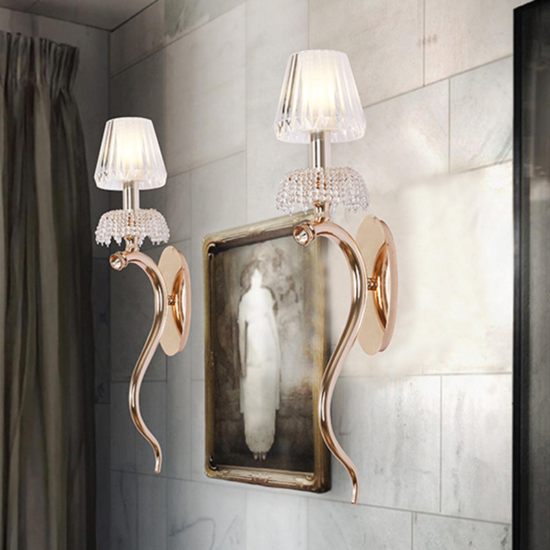 Contemporary Rose Gold Wave Sconce With Clear Ribbed Glass Shade - Wall Mounted Metal Lighting