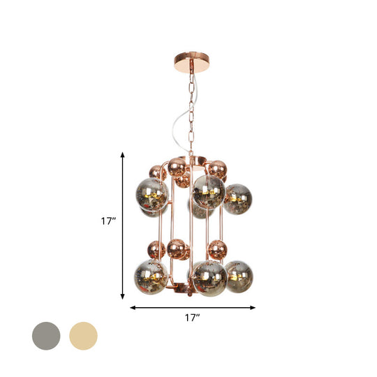 Modern Smoke Gray/Amber Glass 10-Light Rose Gold Chandelier With Hanging Balls