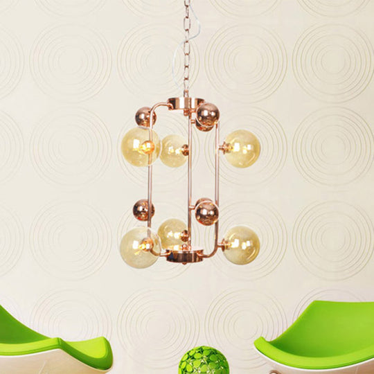 Modern Smoke Gray/Amber Glass 10-Light Rose Gold Chandelier With Hanging Balls Amber
