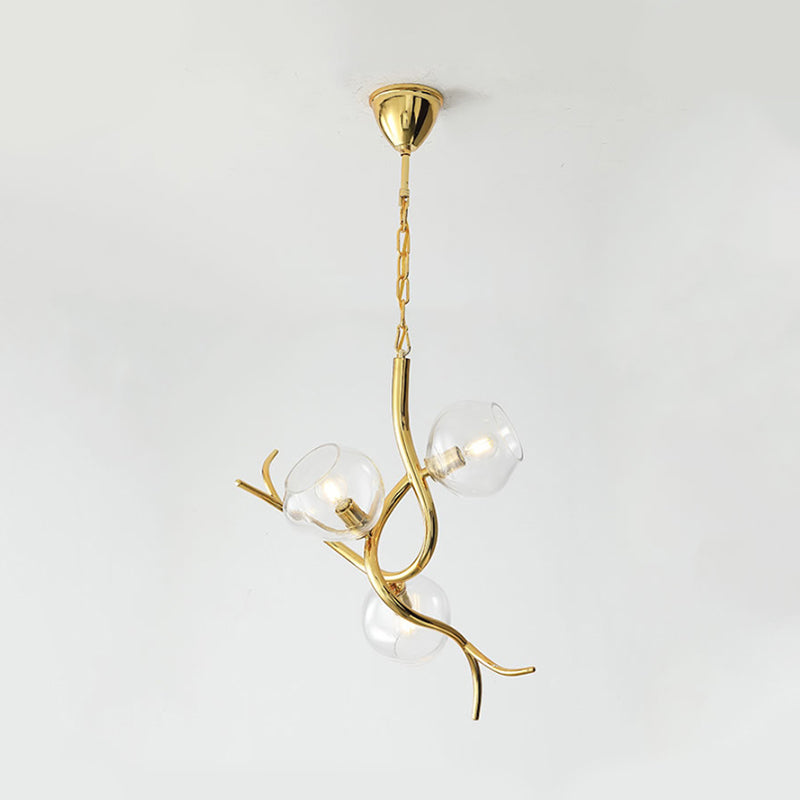 Modern Gold Finish Branch Pendant Chandelier - Clear Glass, LED Ceiling Light (3 Heads)