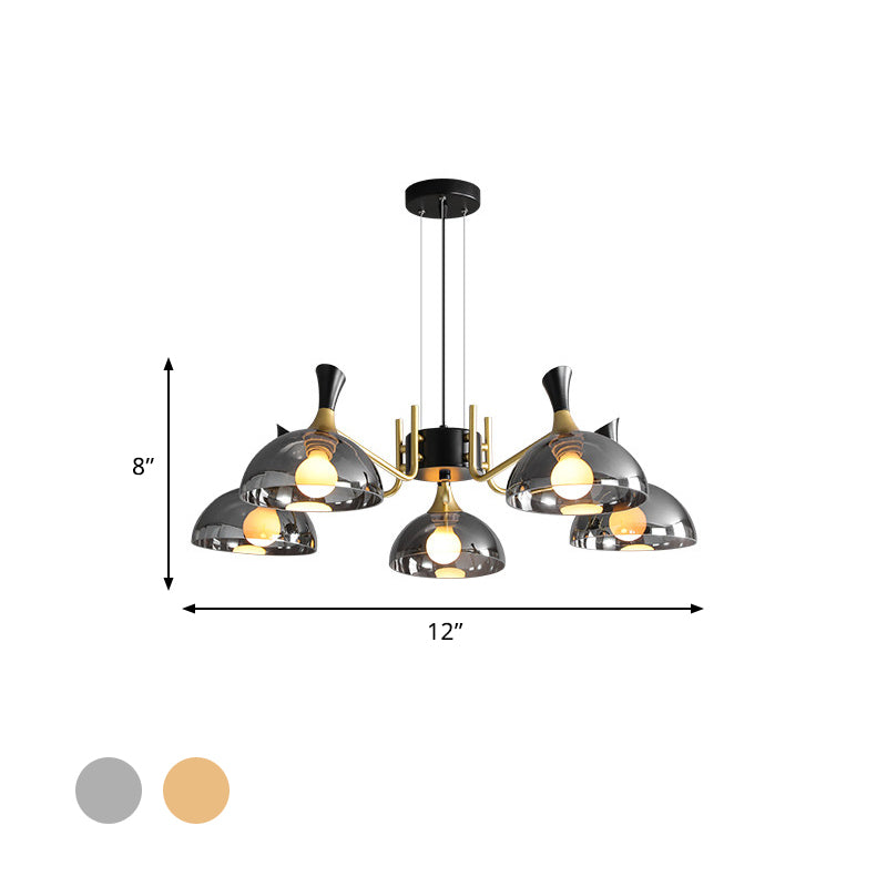 Modern Dome Chandelier With Smoke Gray And Amber Glass - 5 Bulb Bedroom Pendant Light
