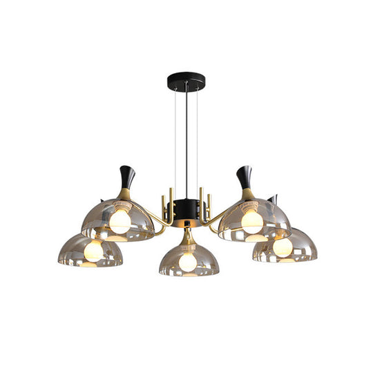Modern Dome Chandelier With Smoke Gray And Amber Glass - 5 Bulb Bedroom Pendant Light