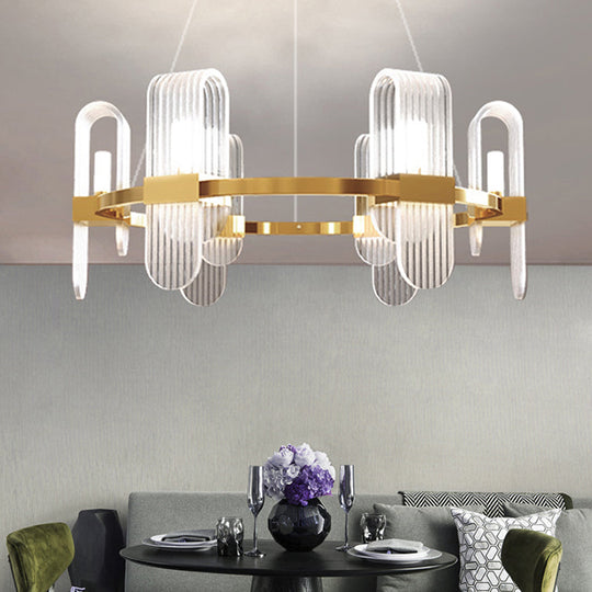 Modernist Acrylic Chandelier - Gold Led Ceiling Pendant Lamp Bend Rectangle Panel 6-Light Design