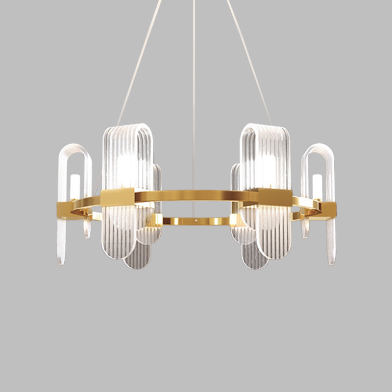Modern Acrylic 6-Light Gold LED Pendant Chandelier - Bend Rectangle Panel Design