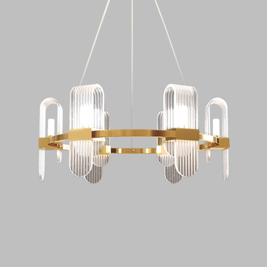 Modernist Acrylic Chandelier - Gold Led Ceiling Pendant Lamp Bend Rectangle Panel 6-Light Design