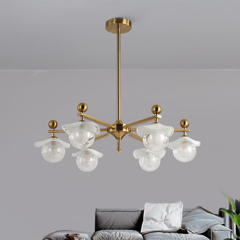 Modern 6-Head Gold Radial LED Chandelier Pendant Light with Clear Glass Globe and Wave Cap