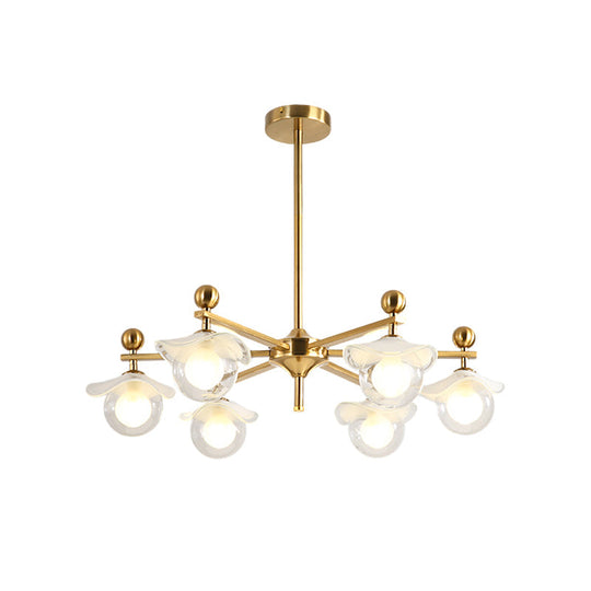 Modern 6-Head Gold Radial Led Chandelier With Clear Glass Globe Pendant
