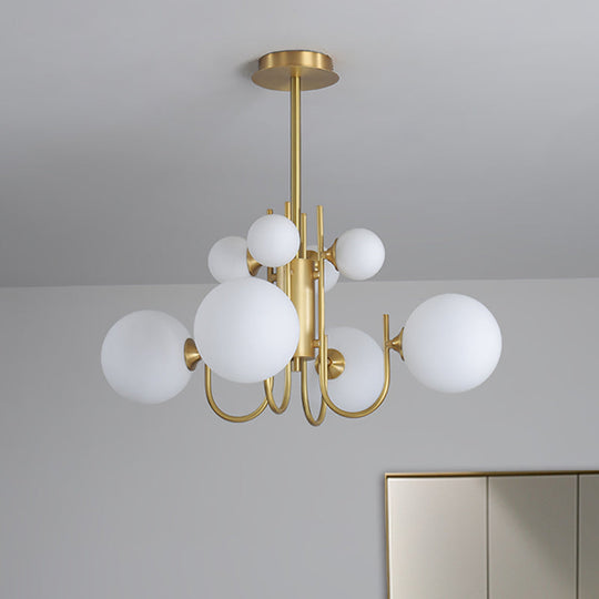 Frosted White Glass Sphere Pendant Light with Brass Finish - Designer 8-Light Chandelier