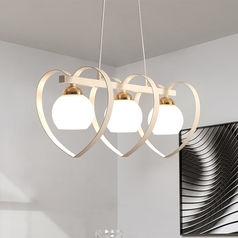 Contemporary Opal Glass Island Lighting - 3/4 Lights White/Black Hanging Ceiling Lamp With Heart