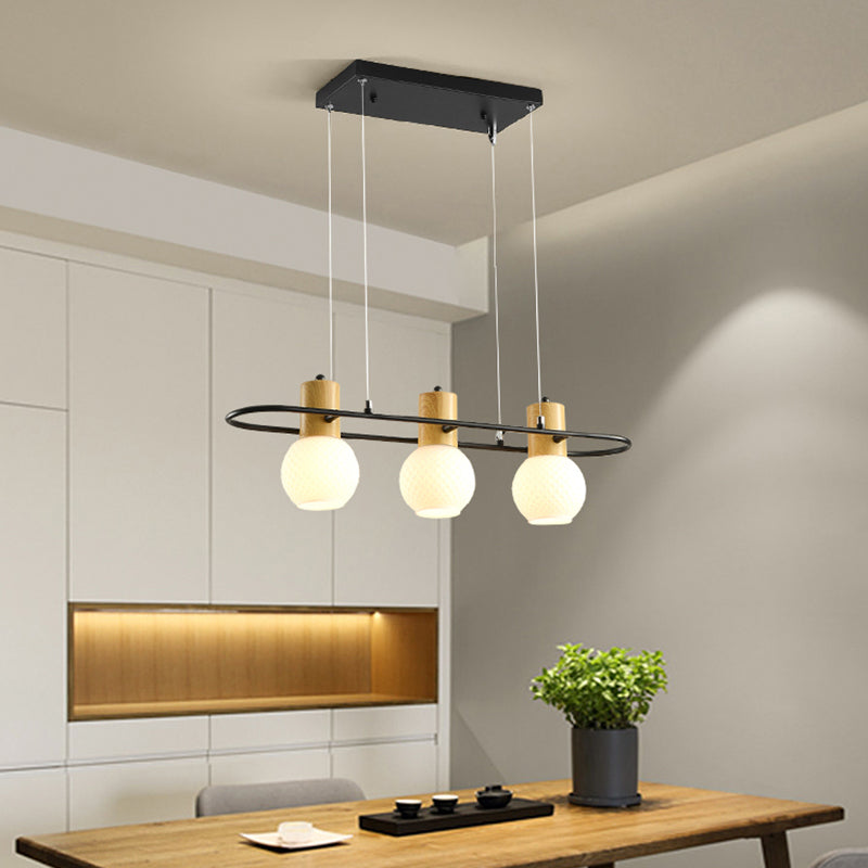 Black Orb Island Pendant Light Modern 3/4-Light Frosted Glass Hanging Lamp Kit With Rectangle Ring 3