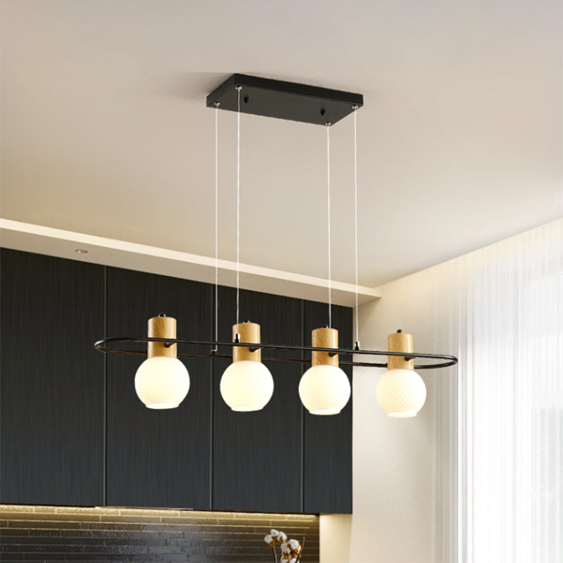 Black Orb Island Pendant Light Modern 3/4-Light Frosted Glass Hanging Lamp Kit With Rectangle Ring
