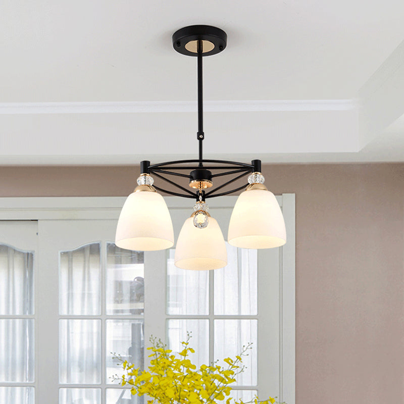 Modern Cup Shape Chandelier Cream Glass Ceiling Lamp with Crystal Droplet - Black