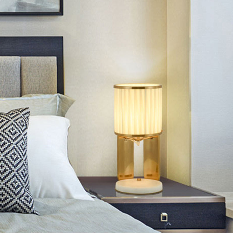 Modern Gold Nightstand Lamp With Marble Base Stylish Fabric Barrel Design For Bedside Lighting