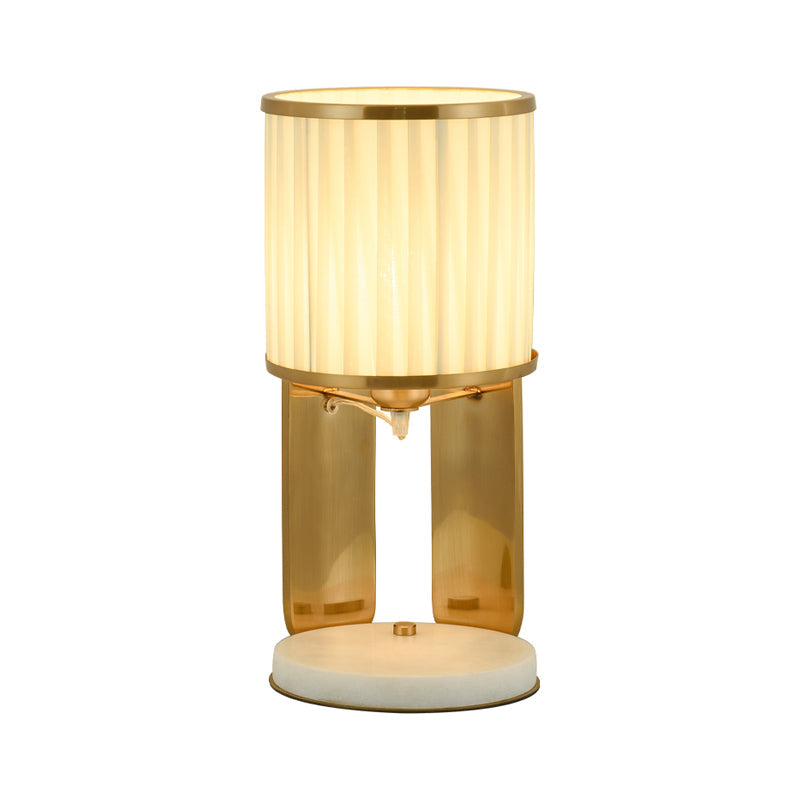 Modern Gold Nightstand Lamp With Marble Base Stylish Fabric Barrel Design For Bedside Lighting