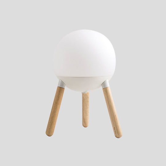 Modern White Globe Cream Glass Table Light With Tripod Wood Base