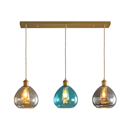 Vintage Glass Onion Multi Ceiling Light Pendant in Brass with Linear/Round Canopy - Tan-Blue-Grey, 3-Bulb Fixture