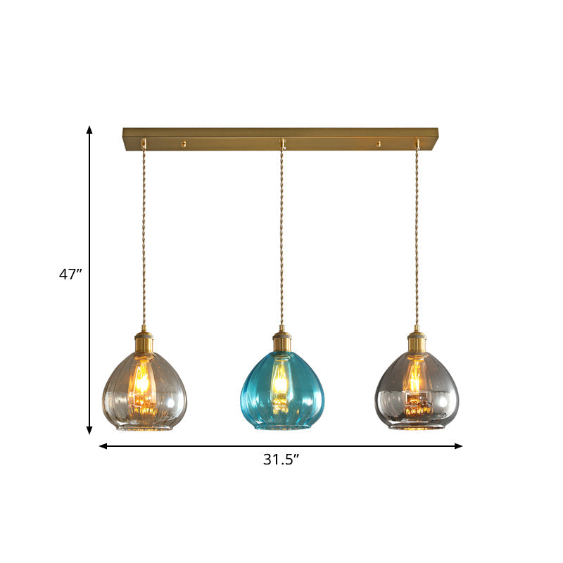 Vintage Glass Onion Multi Ceiling Light Pendant in Brass with Linear/Round Canopy - Tan-Blue-Grey, 3-Bulb Fixture