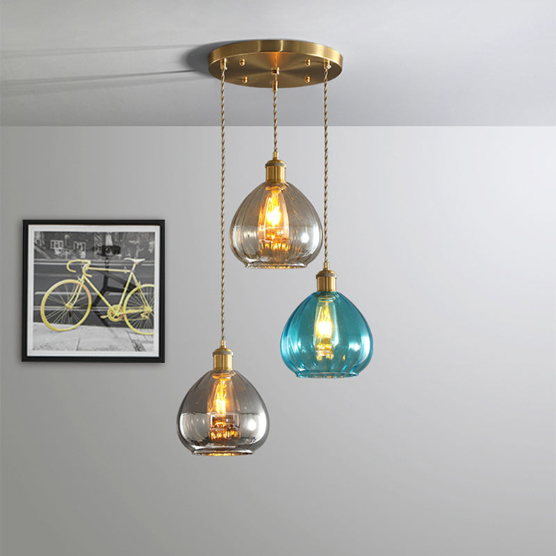 Vintage Glass Onion Multi Ceiling Light Pendant Lamp In Tan-Blue-Grey With Brass Fixture
