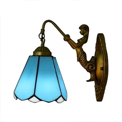 Tiffany White/Blue Glass Sconce Wall Light Fixture With Mermaid Backplate