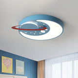 Childrens Led Flush Mount Light Fixture In White/Blue With Moon And Planet Design Blue
