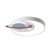 Childrens Led Flush Mount Light Fixture In White/Blue With Moon And Planet Design