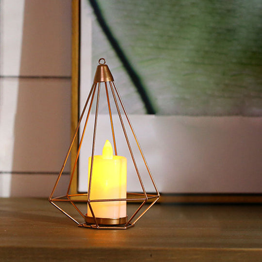 Golden Led Candle Style Table Lamp With Fun Cage Design For Kids Nightstand Gold / Triangle