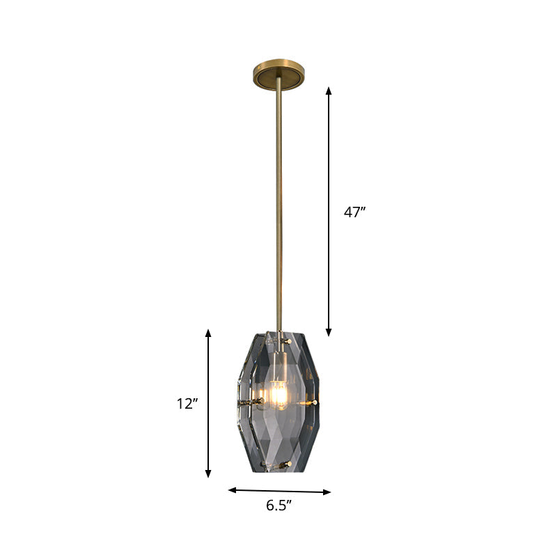 Minimalist Double Panel Pendant Lighting with 1-Bulb Faceted Crystal Ceiling Fixture in Brass