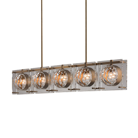 5-Head Pendant Light - Modern Brass Island Lamp With Faceted Crystal Balls