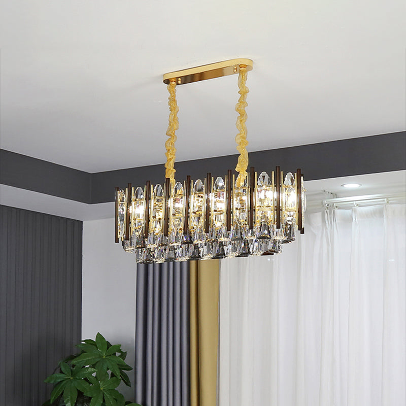 Contemporary Crystal Cone Island Light Fixture With Gold Finish - 10 Bulbs Ceiling Suspension Lamp