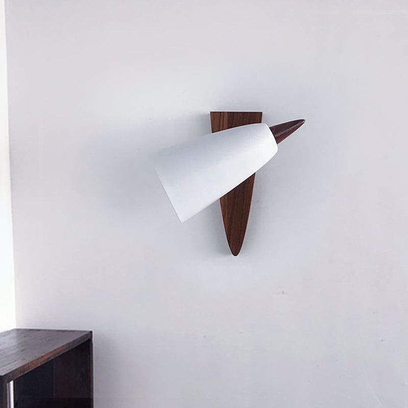 Modern Cone Metal Wall Light With Wood Backplate - White 1-Bulb Sconce Fixture