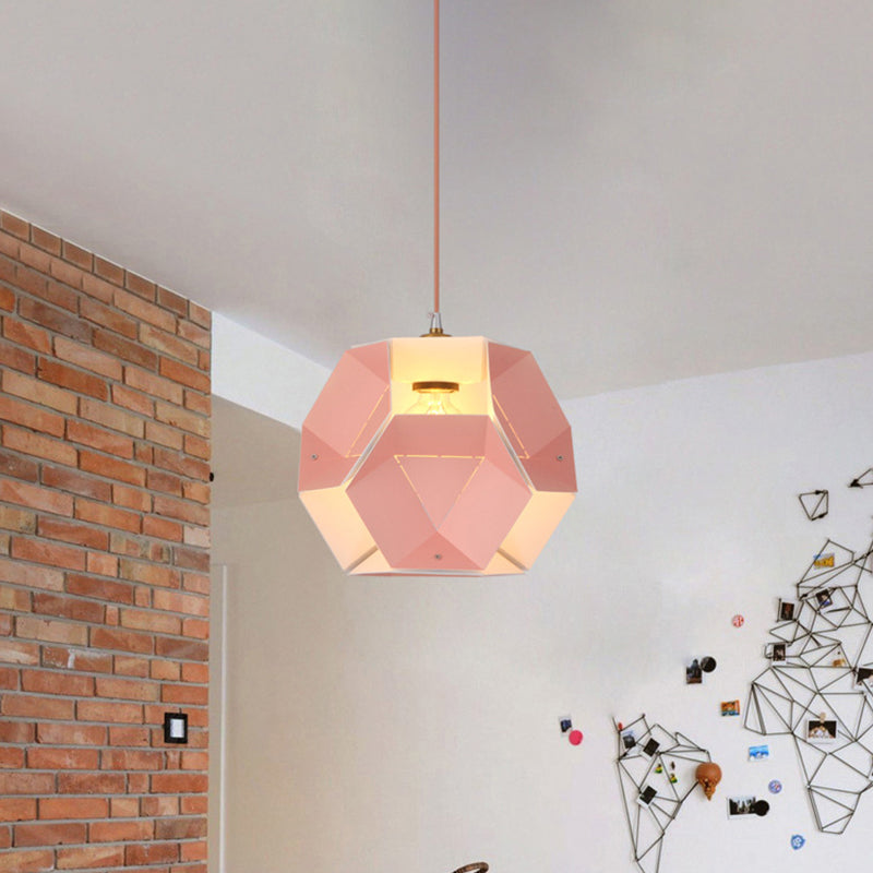Hexagon Drop Pendant Macaron Ceiling Light In Yellow/Pink For Restaurant - 1-Light Iron Fixture Pink