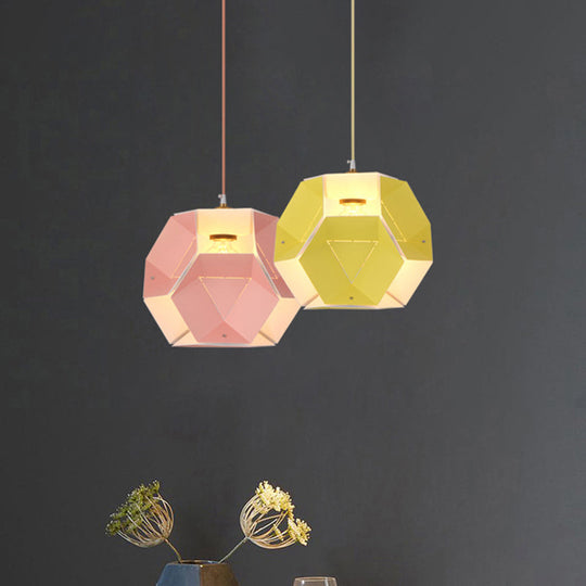 Hexagon Drop Pendant Macaron Ceiling Light In Yellow/Pink For Restaurant - 1-Light Iron Fixture