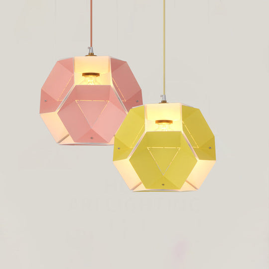 Hexagon Drop Pendant Macaron Ceiling Light In Yellow/Pink For Restaurant - 1-Light Iron Fixture