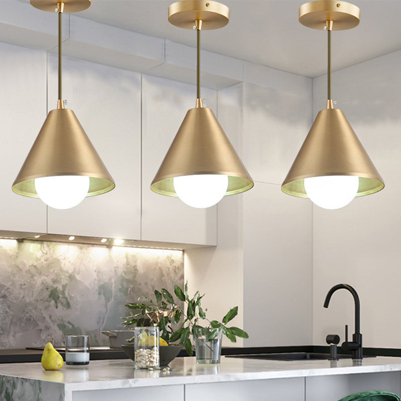 Brass Cone Pendant Light for Dining Table - Mid Century Single-Bulb Ceiling Suspension Lamp