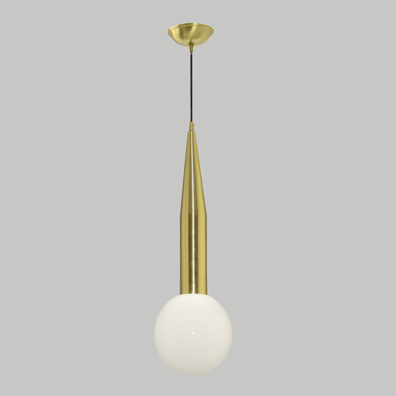 Tapering Bedside Pendant Light Kit - Single Postmodern Hanging Lamp in Gold with Milk Glass Shade