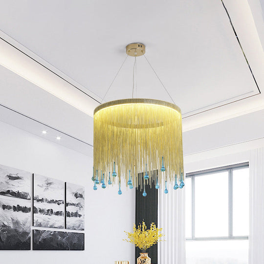 Stylish Fringe Skirt Pendant Lamp: Modern Aluminum Led Hanging Light In Gold With Blue Glass Drop -