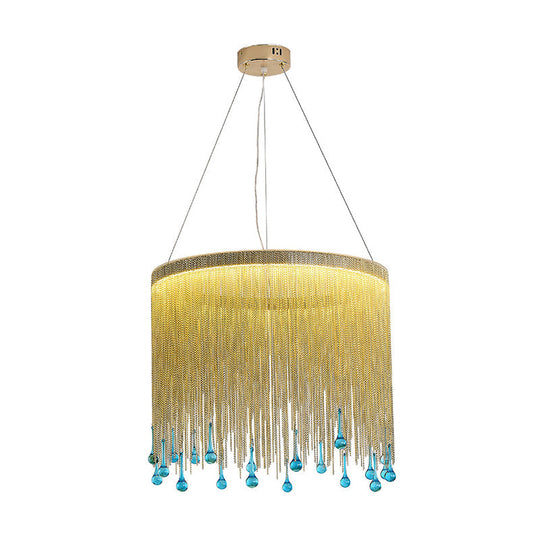 Stylish Fringe Skirt Pendant Lamp: Modern Aluminum Led Hanging Light In Gold With Blue Glass Drop -