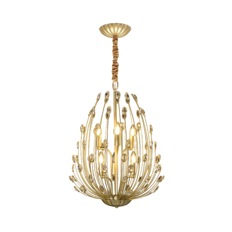 Floral Vine Crystal Gold Chandelier - Ovoid Shaped Pendant Light With 6 Bulbs Retro Stylish Design