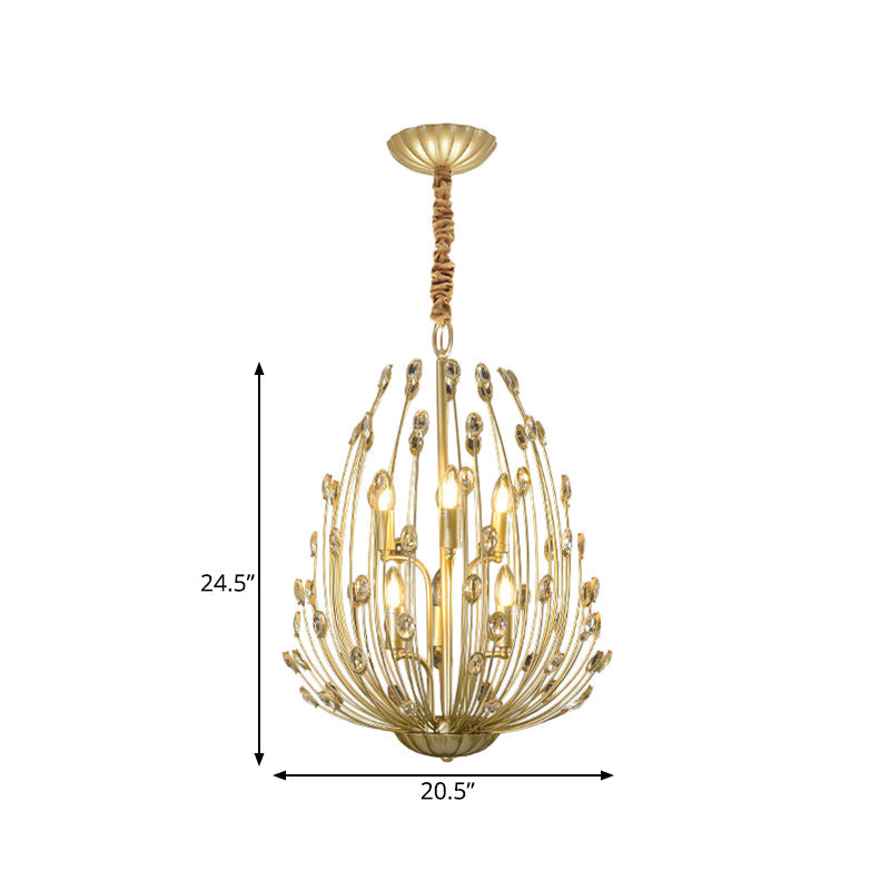 Floral Vine Crystal Gold Chandelier - Ovoid Shaped Pendant Light With 6 Bulbs Retro Stylish Design