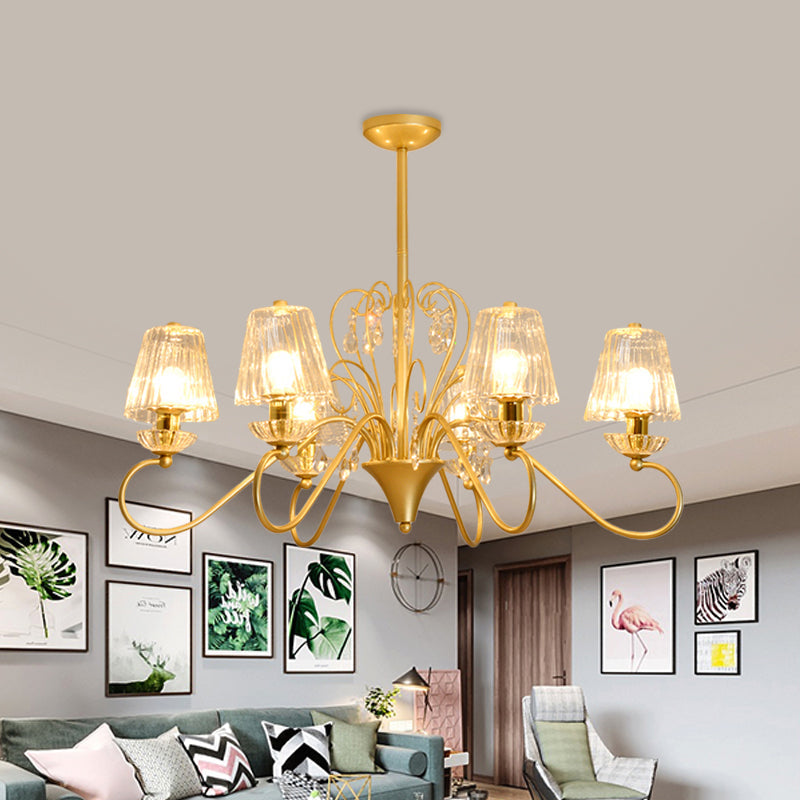 Contemporary Crystal Pendant Chandelier With Ribbed Cone Shades And Swirl Arm In Black-Gold/Gold -