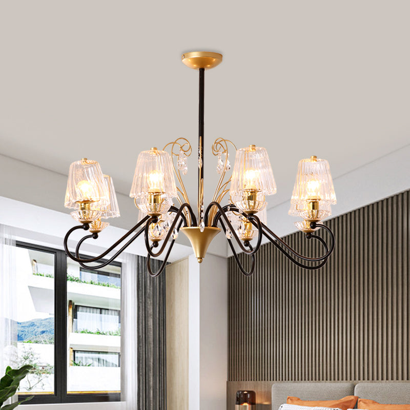 Contemporary Crystal Pendant Chandelier With Ribbed Cone Shades And Swirl Arm In Black-Gold/Gold -