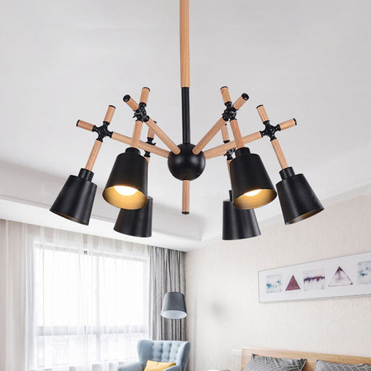 Nordic Wood Swing Arm Chandelier with 6 Bulbs and Conic Lamp Shade in Black/White