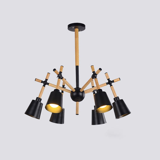 Nordic Wood Swing Arm Chandelier Light With 6 Bulbs - Black/White Conic Lamp Shade