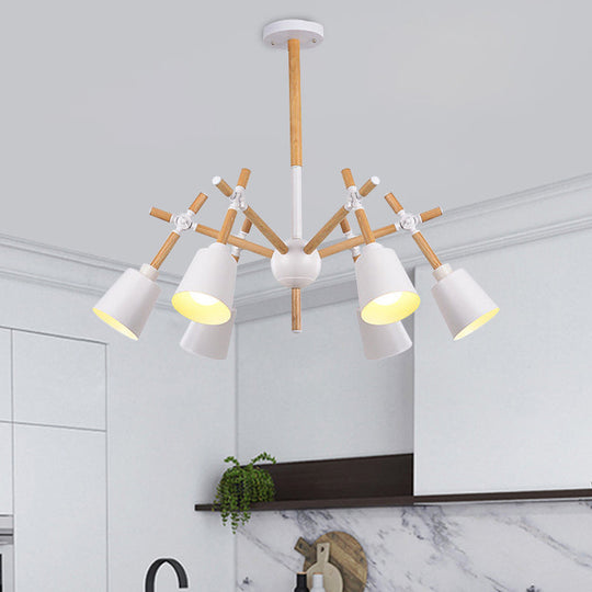 Nordic Wood Swing Arm Chandelier with 6 Bulbs and Conic Lamp Shade in Black/White